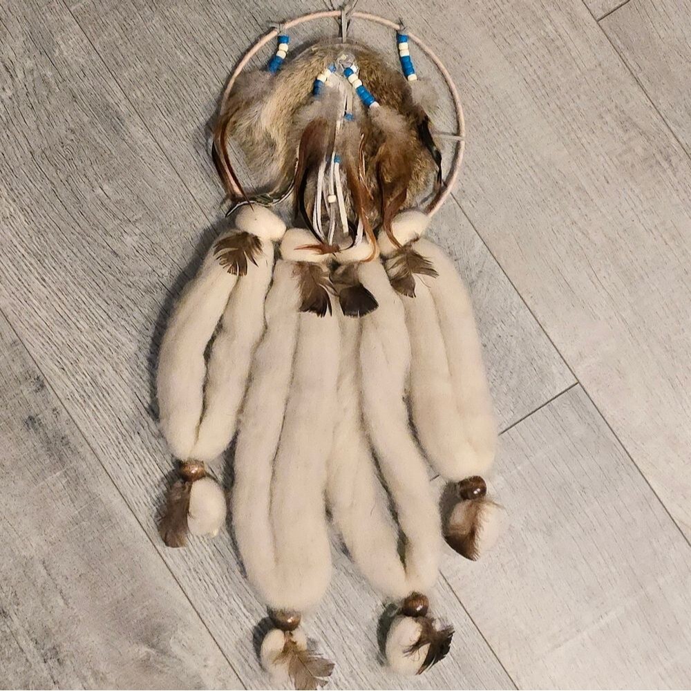 Vintage Native American Mandala Dream Catcher Fur Wool Feathers Beaded